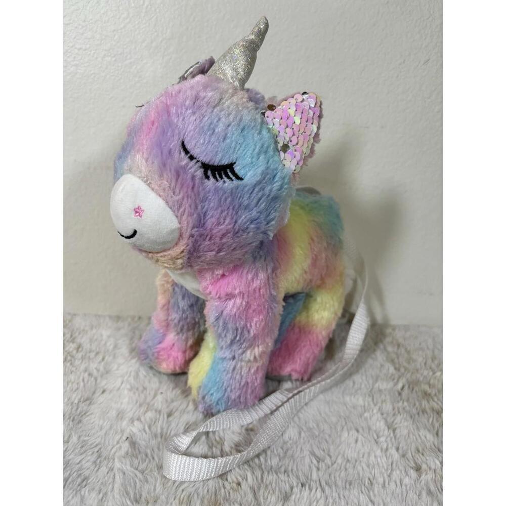 Plush Unicorn Backpack Rainbow Faux Fur Mini Bag Sequin Ears Kids